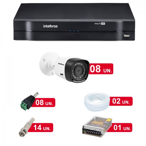 Kit Cftv 08 Câmeras Hd Vhd 1010B G3 + Dvr 08Ch Multi Hd Mhdx 1008 Intelbras s/Hd + Acessorios